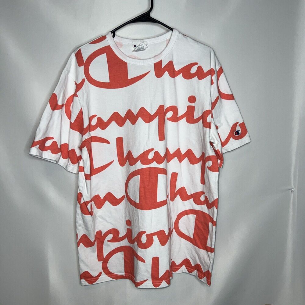 Champion All Over Logo Short Sleeve Crew Tee Shirt (Men's XL) White/Orange/Coral